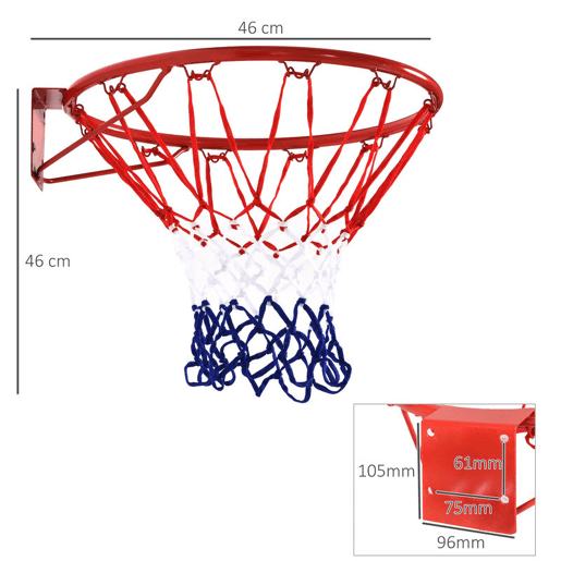 HOMCOM Cesta de Basquetebol de Parede Ø46 cm Aro de Basquetebol com Rede Estrutura Metálica 12 Ganchos para Interior e Exterior Vermelho HOMCOM Cesta de Basquetebol de Parede Ø46 cm Aro de Basquetebol com Rede Estrutura Metálica 12 Ganchos para Interior e Exterior Vermelho