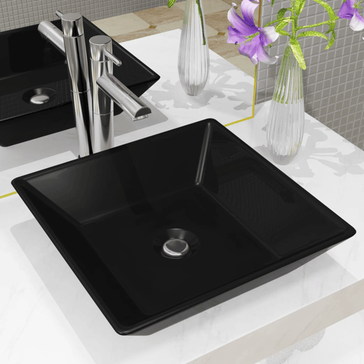 Lavatório - Lavabo - Pia de banheiro quadrado preto em cerâmica 41,5x41,5x12 cm