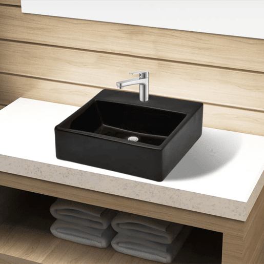 Lavatório - Lavabo - Pia de banheiro cerâmica redondo com furo para torneira, preto, quadrado