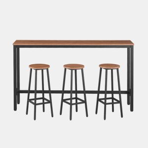 Conjunto de Bar e Bancos LA ROCHE: Mesa de Bar de 180x40x100 cm e 3 Bancos de 30x30x71.5 cm em Estilo Industrial com Acabamento em Madeira Natural e Estrutura Metálica Preta