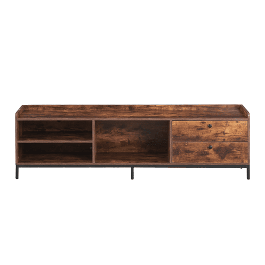 Móvel de TV Vintage Industrial com Prateleiras Abertas e Gavetas, Estrutura de Metal e Madeira Escura, Ideal para Salas de Estar Modernas