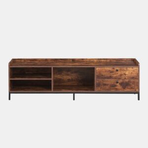 Móvel de TV Vintage Industrial com Prateleiras Abertas e Gavetas, Estrutura de Metal e Madeira Escura, Ideal para Salas de Estar Modernas