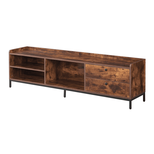 Móvel de TV Vintage Industrial com Prateleiras Abertas e Gavetas, Estrutura de Metal e Madeira Escura, Ideal para Salas de Estar Modernas