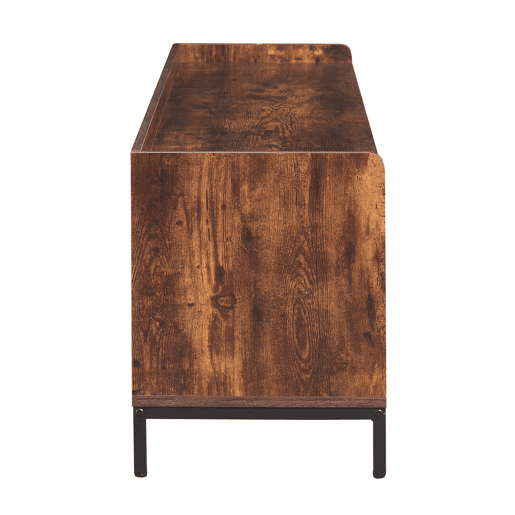 Móvel de TV Vintage Industrial com Prateleiras Abertas e Gavetas, Estrutura de Metal e Madeira Escura, Ideal para Salas de Estar Modernas