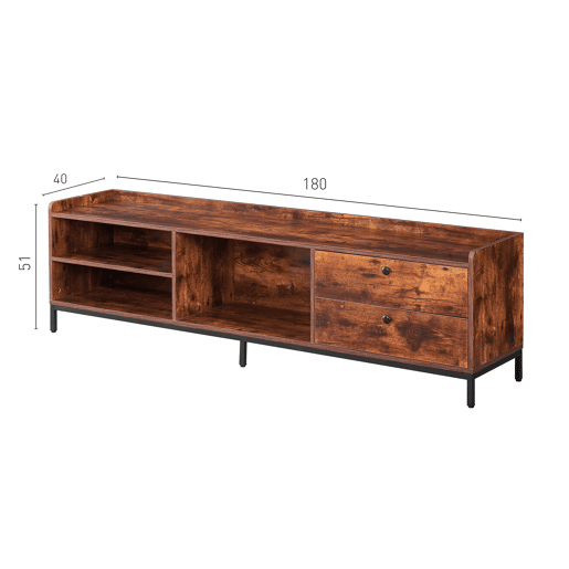 Móvel de TV Vintage Industrial com Prateleiras Abertas e Gavetas, Estrutura de Metal e Madeira Escura, Ideal para Salas de Estar Modernas