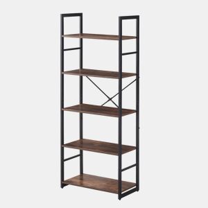 Estante de Haan com design vintage, estrutura metálica e 5 prateleiras em acabamento de madeira escura, ideal para casa ou escritório.
