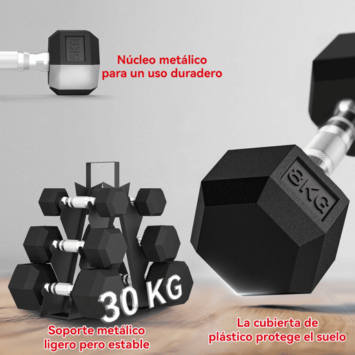 SPORTNOW Conjunto de Halteres 6 Peças 2 x 2 kg 2 x 5 kg 2 x 8 kg Halteres Hexagonais com Revestimento em Borracha Antideslizante e Suporte de Armazenamento para Treino em Casa Ginásio Preto