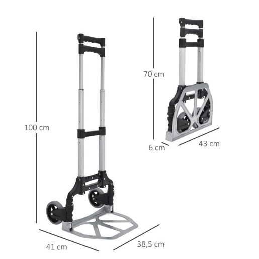 HOMCOM Carrinho de mão dobrável de alumínio Altura ajustável de 3 níveis Fácil transporte Carga 70 kg 41x38,5x100 cm Preto e cinza