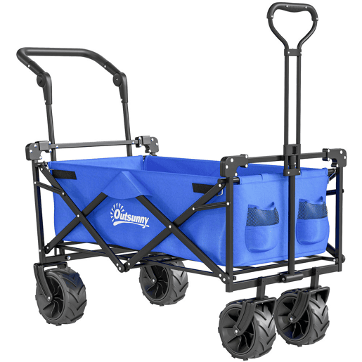 Outsunny Carrinho de Transporte Dobrável para Praia Campismo Viajem com Toldo Guiador Rodas Altura Ajustável Carga Máxima 68kg 117x55x98 cm Azul
