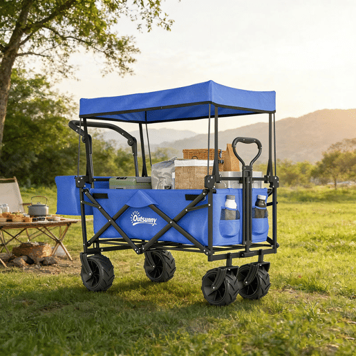 Outsunny Carrinho de Transporte Dobrável para Praia Campismo Viajem com Toldo Guiador Rodas Altura Ajustável Carga Máxima 68kg 117x55x98 cm Azul