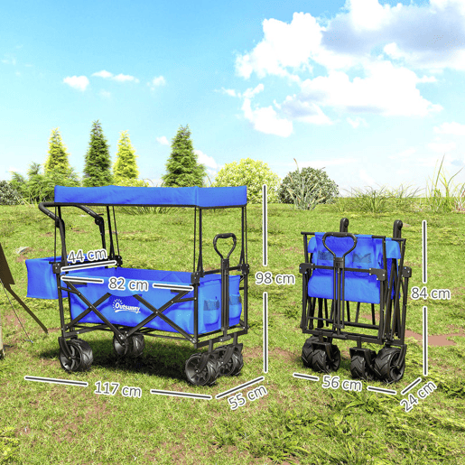 Outsunny Carrinho de Transporte Dobrável para Praia Campismo Viajem com Toldo Guiador Rodas Altura Ajustável Carga Máxima 68kg 117x55x98 cm Azul