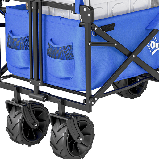 Outsunny Carrinho de Transporte Dobrável para Praia Campismo Viajem com Toldo Guiador Rodas Altura Ajustável Carga Máxima 68kg 117x55x98 cm Azul