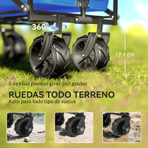 Outsunny Carrinho de Transporte Dobrável para Praia Campismo Viajem com Toldo Guiador Rodas Altura Ajustável Carga Máxima 68kg 117x55x98 cm Azul