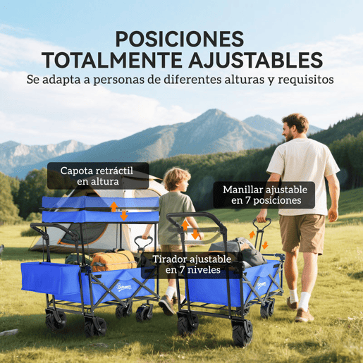 Outsunny Carrinho de Transporte Dobrável para Praia Campismo Viajem com Toldo Guiador Rodas Altura Ajustável Carga Máxima 68kg 117x55x98 cm Azul