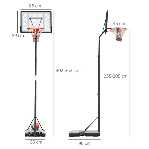 HOMCOM Tabela de Basquetebol com Suporte Portátil Aro de Ajustável em Altura com Base Recarregável para Crianças e Adultos 86x165x302-352cm Preto