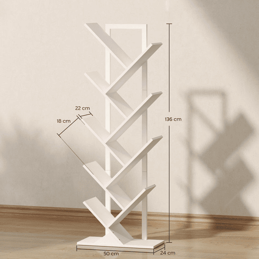 HOMCOM Estante em Forma de Árvore de 9 Níveis Estante de Livros com 9 Prateleiras e Estrutura de Aço para Sala de Estar Escritório Estúdio Quarto 50x24x136 cm Branco