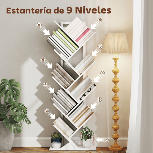 HOMCOM Estante em Forma de Árvore de 9 Níveis Estante de Livros com 9 Prateleiras e Estrutura de Aço para Sala de Estar Escritório Estúdio Quarto 50x24x136 cm Branco