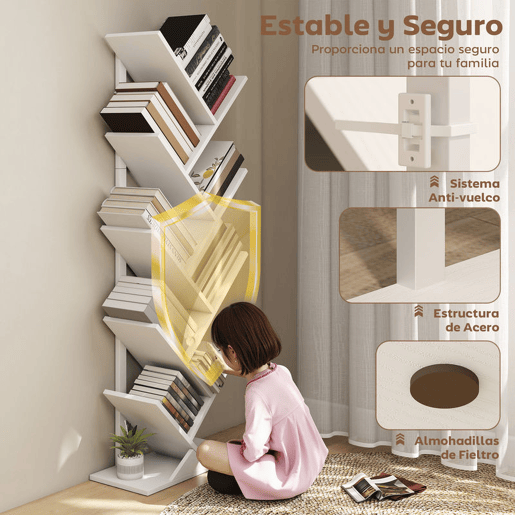 HOMCOM Estante em Forma de Árvore de 9 Níveis Estante de Livros com 9 Prateleiras e Estrutura de Aço para Sala de Estar Escritório Estúdio Quarto 50x24x136 cm Branco