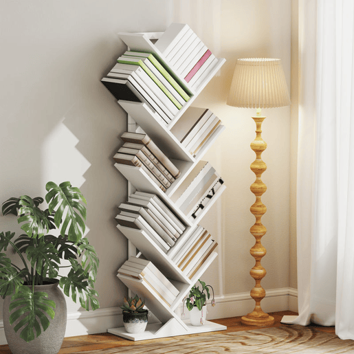 HOMCOM Estante em Forma de Árvore de 9 Níveis Estante de Livros com 9 Prateleiras e Estrutura de Aço para Sala de Estar Escritório Estúdio Quarto 50x24x136 cm Branco