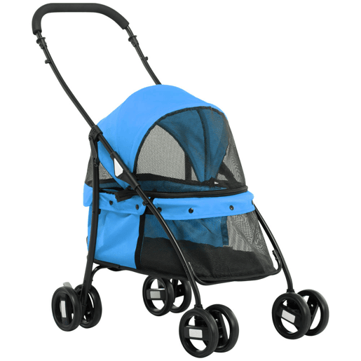PawHut Carrinho para Animais de Estimação Dobrável Carrinho de Passeio para Cães e Gatos com Janela de Malha Almofada Lavável Arnês de Segurança e Estrutura de Aço 82x47x97cm Azul