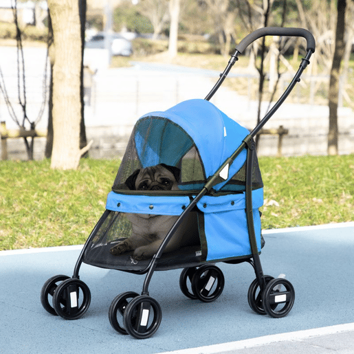 PawHut Carrinho para Animais de Estimação Dobrável Carrinho de Passeio para Cães e Gatos com Janela de Malha Almofada Lavável Arnês de Segurança e Estrutura de Aço 82x47x97cm Azul
