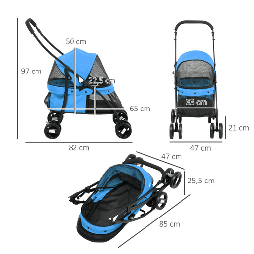 PawHut Carrinho para Animais de Estimação Dobrável Carrinho de Passeio para Cães e Gatos com Janela de Malha Almofada Lavável Arnês de Segurança e Estrutura de Aço 82x47x97cm Azul