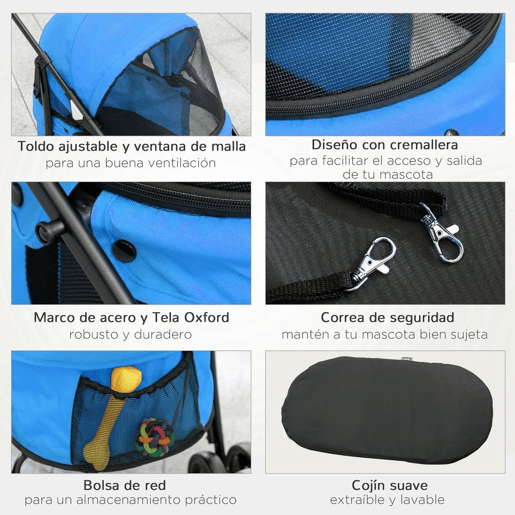 PawHut Carrinho para Animais de Estimação Dobrável Carrinho de Passeio para Cães e Gatos com Janela de Malha Almofada Lavável Arnês de Segurança e Estrutura de Aço 82x47x97cm Azul