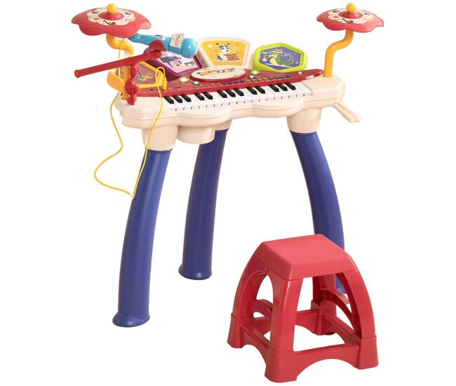 Aiyaplay piano electrónico infantil de 32 teclas juego de piano 2 en 1 con batería micrófono taburete luces 19 canciones 4 sonidos y volumen ajustable 74x32,2x71 cm multicolor