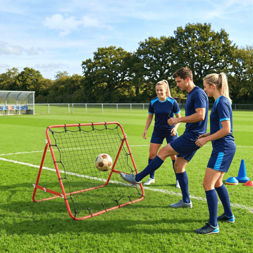HOMCOM Rede de Rebote de Metal Rede de Rebote com Ângulo Ajustável e 20 Cordas Elásticas para Treinamento de Futebol Tenis Beisebol Desportes 96x80x96cm Vermelho