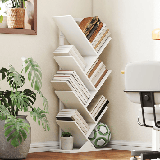 HOMCOM Estante em Forma de Árvore de 7 Níveis Estante de Livros com 7 Prateleiras e Estrutura de Aço para Sala de Estar Escritório Estúdio Quarto 50x24x109 cm Branco