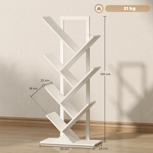 HOMCOM Estante em Forma de Árvore de 7 Níveis Estante de Livros com 7 Prateleiras e Estrutura de Aço para Sala de Estar Escritório Estúdio Quarto 50x24x109 cm Branco