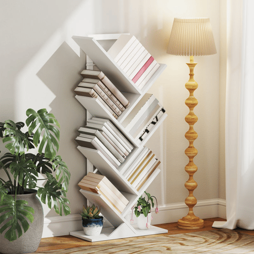 HOMCOM Estante em Forma de Árvore de 7 Níveis Estante de Livros com 7 Prateleiras e Estrutura de Aço para Sala de Estar Escritório Estúdio Quarto 50x24x109 cm Branco