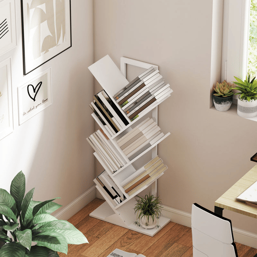 HOMCOM Estante em Forma de Árvore de 7 Níveis Estante de Livros com 7 Prateleiras e Estrutura de Aço para Sala de Estar Escritório Estúdio Quarto 50x24x109 cm Branco