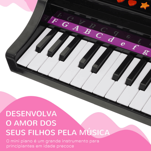 HOMCOM Piano para Crianças com 37 Teclas Piano Infantil com Microfone Banco Luzes 22 Músicas e Entrada para MP3 e USB 48x39x69 cm Preto