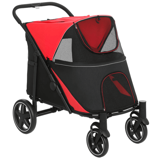 PawHut Carrinho para Cães Dobrável Carrinho para Animais de Estimação com Janelas de Malha Cinto de Segurança e Bolsos de Armazenamento Carga Máxima 40 kg 112x65x100 cm Vermelho