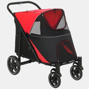 PawHut Carrinho para Cães Dobrável Carrinho para Animais de Estimação com Janelas de Malha Cinto de Segurança e Bolsos de Armazenamento Carga Máxima 40 kg 112x65x100 cm Vermelho