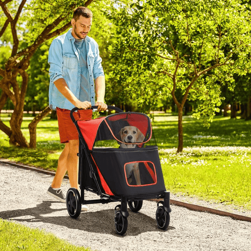 PawHut Carrinho para Cães Dobrável Carrinho para Animais de Estimação com Janelas de Malha Cinto de Segurança e Bolsos de Armazenamento Carga Máxima 40 kg 112x65x100 cm Vermelho