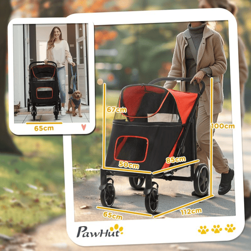 PawHut Carrinho para Cães Dobrável Carrinho para Animais de Estimação com Janelas de Malha Cinto de Segurança e Bolsos de Armazenamento Carga Máxima 40 kg 112x65x100 cm Vermelho