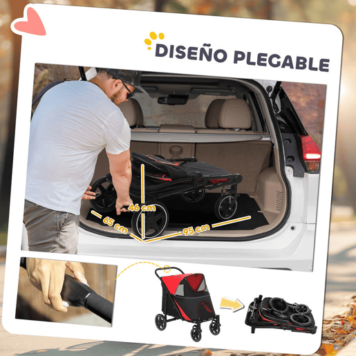 PawHut Carrinho para Cães Dobrável Carrinho para Animais de Estimação com Janelas de Malha Cinto de Segurança e Bolsos de Armazenamento Carga Máxima 40 kg 112x65x100 cm Vermelho