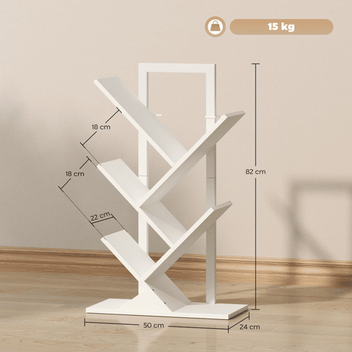 HOMCOM Estante em Forma de Árvore de 5 Níveis Estante de Livros com 5 Prateleiras e Estrutura de Aço para Sala de Estar Escritório Estúdio Quarto 50x24x82 cm Branco