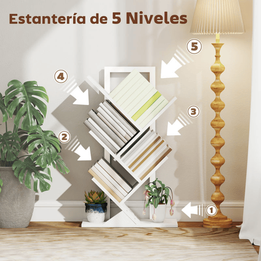 HOMCOM Estante em Forma de Árvore de 5 Níveis Estante de Livros com 5 Prateleiras e Estrutura de Aço para Sala de Estar Escritório Estúdio Quarto 50x24x82 cm Branco