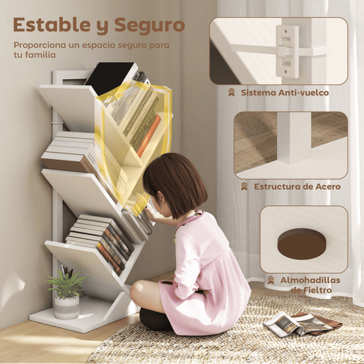 HOMCOM Estante em Forma de Árvore de 5 Níveis Estante de Livros com 5 Prateleiras e Estrutura de Aço para Sala de Estar Escritório Estúdio Quarto 50x24x82 cm Branco