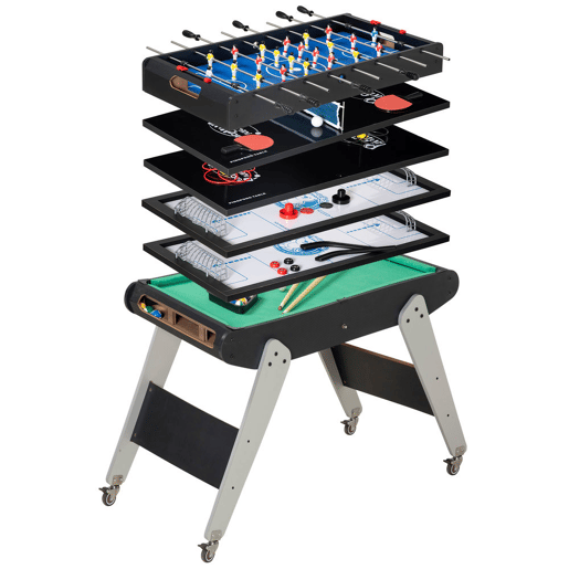 HOMCOM Mesa Multi Jogos para Crianças acima de 7 Anos Mesa de Jogos 6 em 1 com Rodas Bilhar Matraquilho Ping Pong Lançamento de Anéis Hóquei com Bastão e Hóquei com Discos 120x88x79cm Multicor