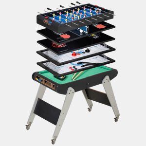 HOMCOM Mesa Multi Jogos para Crianças acima de 7 Anos Mesa de Jogos 6 em 1 com Rodas Bilhar Matraquilho Ping Pong Lançamento de Anéis Hóquei com Bastão e Hóquei com Discos 120x88x79cm Multicor