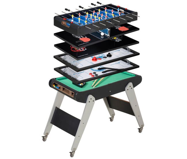Homcom 6 en 1 mesa multijuegos para niños de 7+ años con ruedas mesa de billar futbolín ping pong aro de lanzamiento hockey sobre hielo aire hockey