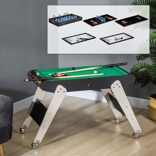 HOMCOM Mesa Multi Jogos para Crianças acima de 7 Anos Mesa de Jogos 6 em 1 com Rodas Bilhar Matraquilho Ping Pong Lançamento de Anéis Hóquei com Bastão e Hóquei com Discos 120x88x79cm Multicor
