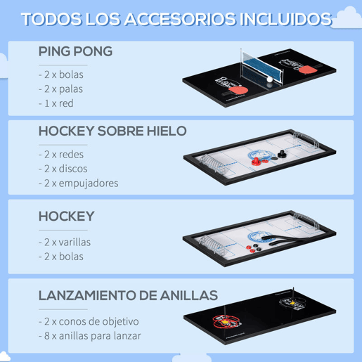 HOMCOM Mesa Multi Jogos para Crianças acima de 7 Anos Mesa de Jogos 6 em 1 com Rodas Bilhar Matraquilho Ping Pong Lançamento de Anéis Hóquei com Bastão e Hóquei com Discos 120x88x79cm Multicor