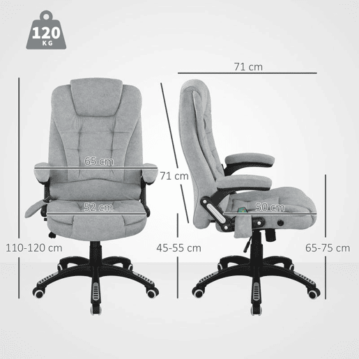 Vinsetto Cadeira de Massagem com 6 Pontos de Massagem Cadeira de Escritório Reclinável até 125° com Função de Aquecimento Altura Ajustável e Rodas para Estúdio 65x71x110-120 cm Cinza