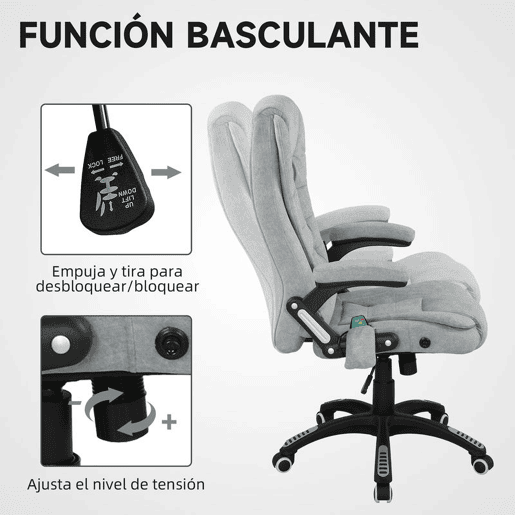 Vinsetto Cadeira de Massagem com 6 Pontos de Massagem Cadeira de Escritório Reclinável até 125° com Função de Aquecimento Altura Ajustável e Rodas para Estúdio 65x71x110-120 cm Cinza