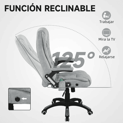 Vinsetto Cadeira de Massagem com 6 Pontos de Massagem Cadeira de Escritório Reclinável até 125° com Função de Aquecimento Altura Ajustável e Rodas para Estúdio 65x71x110-120 cm Cinza